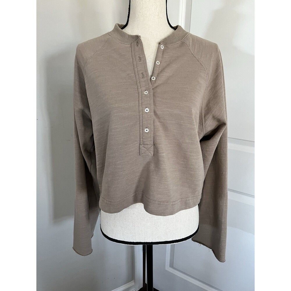 Marissa Webb So Uptight Lightweight Slub Cotton Plunge Henley Stone Taupe Small